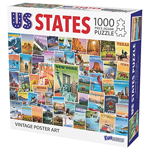 Funwares Puzzle de Estados Unidos, Rompecabezas de 1000 Piezas, Arte Vintage de Póster | Monumentos y Atracciones desde Alabama hasta Wyoming, Sin Polvo de Rompecabezas, Piezas Antirreflejo, 27 x 19 Pulgadas, Regalo Educativo miniatura 1
