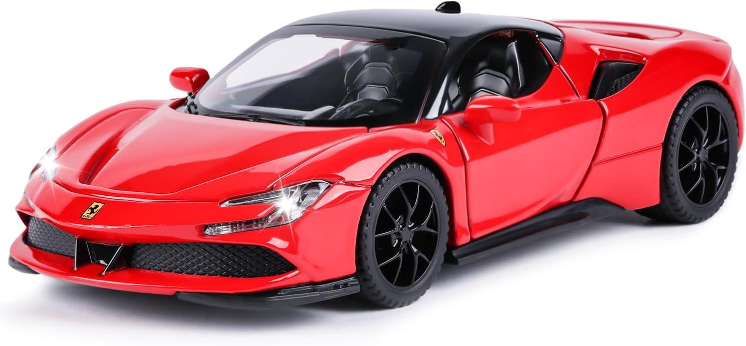 PLUSPOINT Diecast SF90 Ferrari STRADALE Hardtop Toy Car Scale Model Pull Back Vehicles Alloy Simulation Supercar with Lights and Sound Also for Car Dashboard Kids Adult