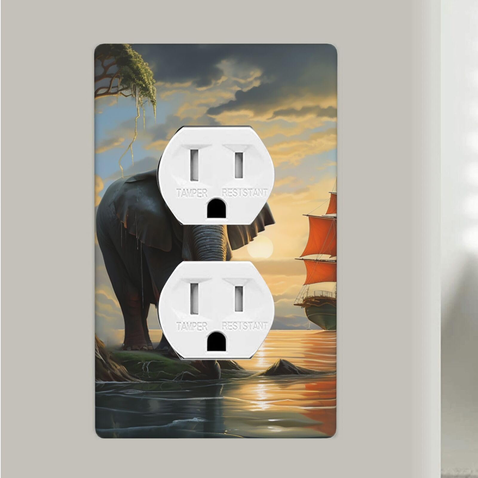 Elephant Look At The Sailboat Duplex Receptacle Outlet Covers, 1-Gang Standard Size Wall Plates Unbreakable Polycarbonate Electrical Switchplate Cover Faceplate For Bathroom Kitchen Decor