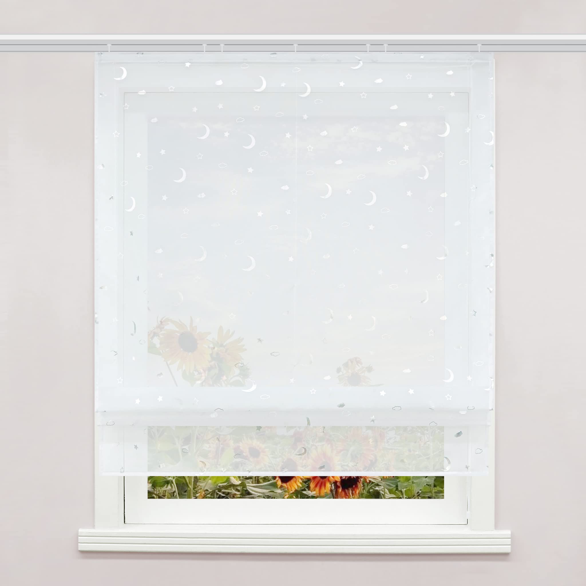 Delien Voile Raffrollo mit Klettband Transparente Gardine Raffgardine Kurz Rolls Küche Vorhang »Stern-Mond« Bändchenrollo Schals Modern für Fenster Gardinen BxH 140x140cm,Weiß