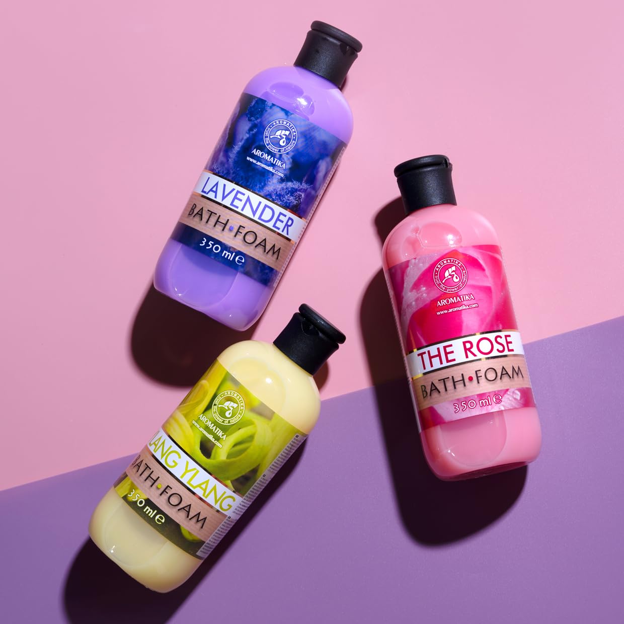 Espuma de Baño Set 3x350ml - Espuma de Baño con Aceite Esencial de Lavanda & Absoluto de Rosa & Ylang Ylang - Cuidado del Cuerpo - Relajación - Aromaterapia - Spa - Baños de Burbujas - Belleza