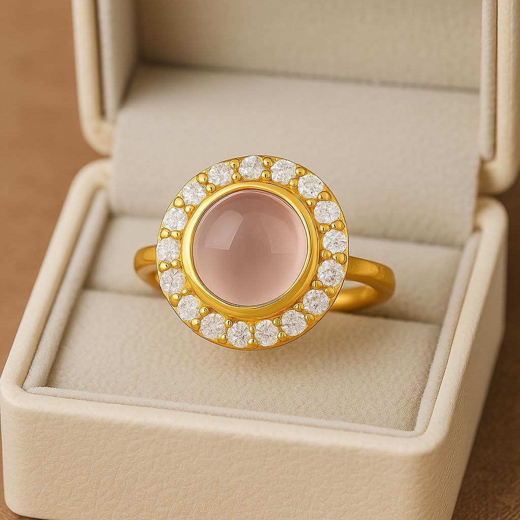 Cabochon Rose Quartz Halo Ring for Women 14K Yellow Gold Round Pink Stone Ring Vintage Halo Engagement Ring with CZ Diamonds Elegant Statement Jewelry Gift