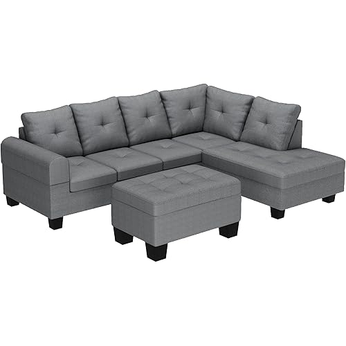 Recaceik Sectional Sofa L Shape Couch for Living Room Home Funiture, Apartment, Dorm, Bonus Room, Compact Spaces w/Chaise Lounge, Linen Sectional Set Upholstery Sectional Sofa, Ottoman Bench