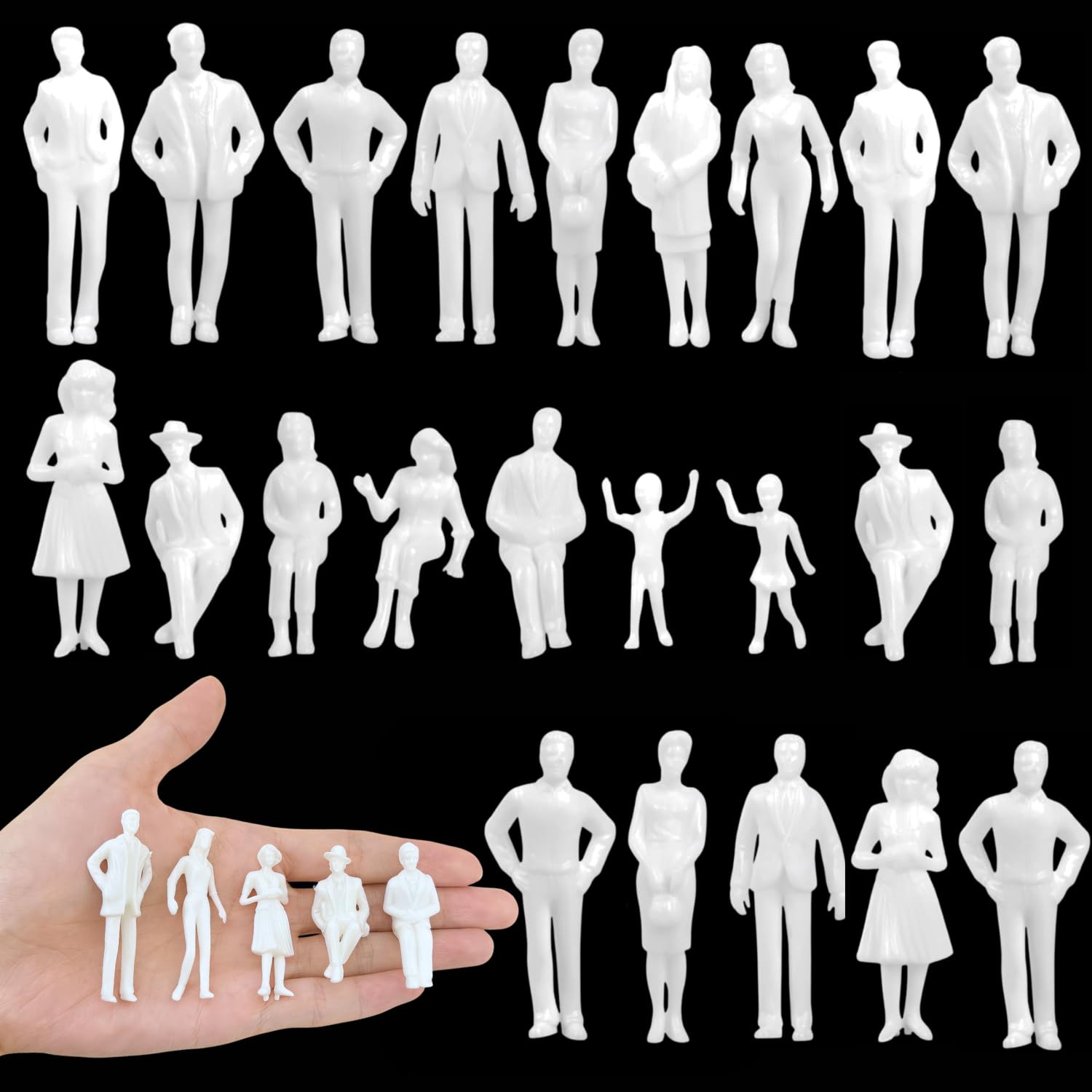 VICDUEKG 30 Stück Miniatur Figuren Weiß Unbemalt Verschieden Stehende und Sitzende Personen Passanten Spur H0 1:30 Verschiedene Posen Miniaturleute Modelle von Menschen Modell Figuren