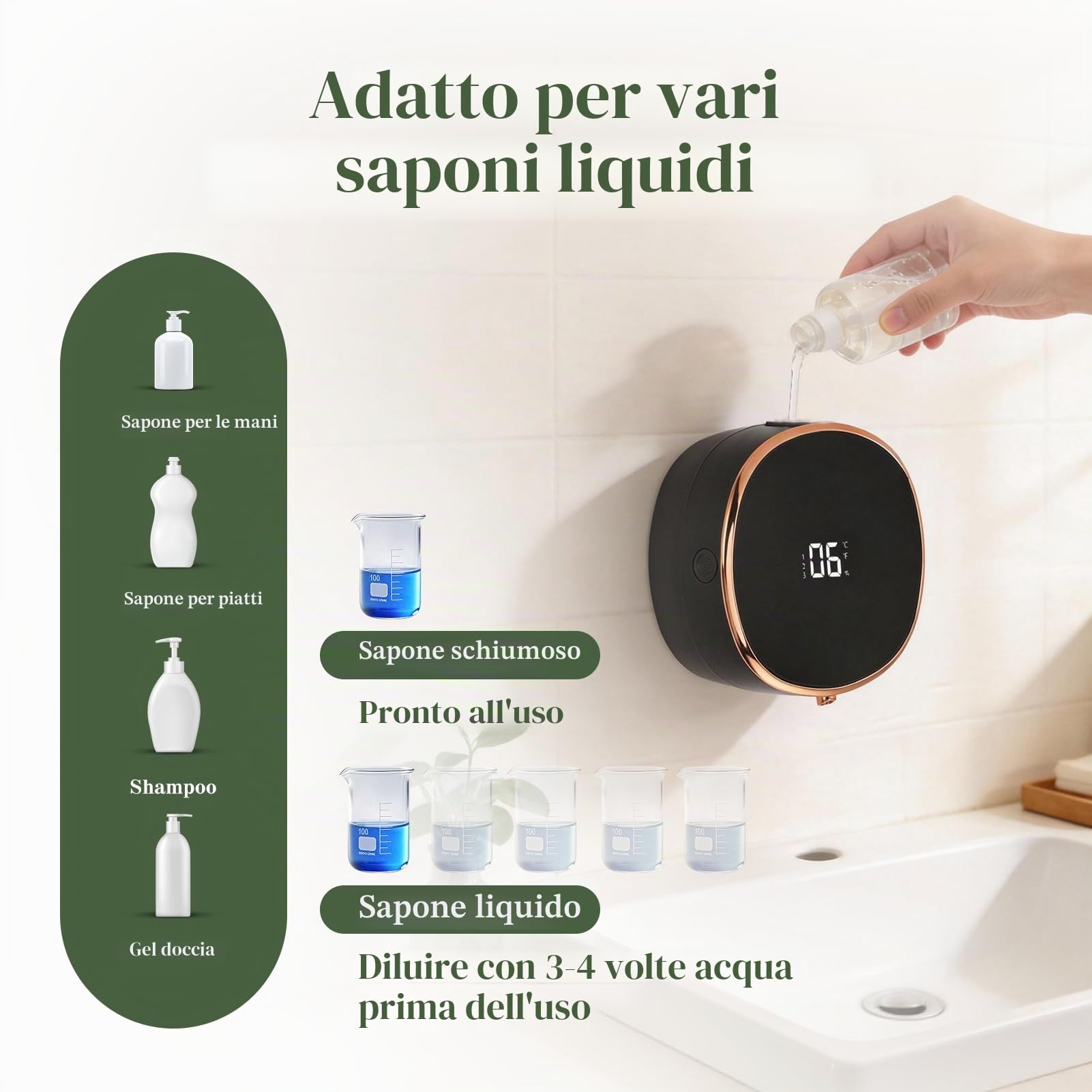Dispenser automatico di sapone Dispenser di sapone schiumogeno Dispenser di sapone touchless Dispenser di sapone elettrico a parete Dispenser di sapone manuale con (Nero)