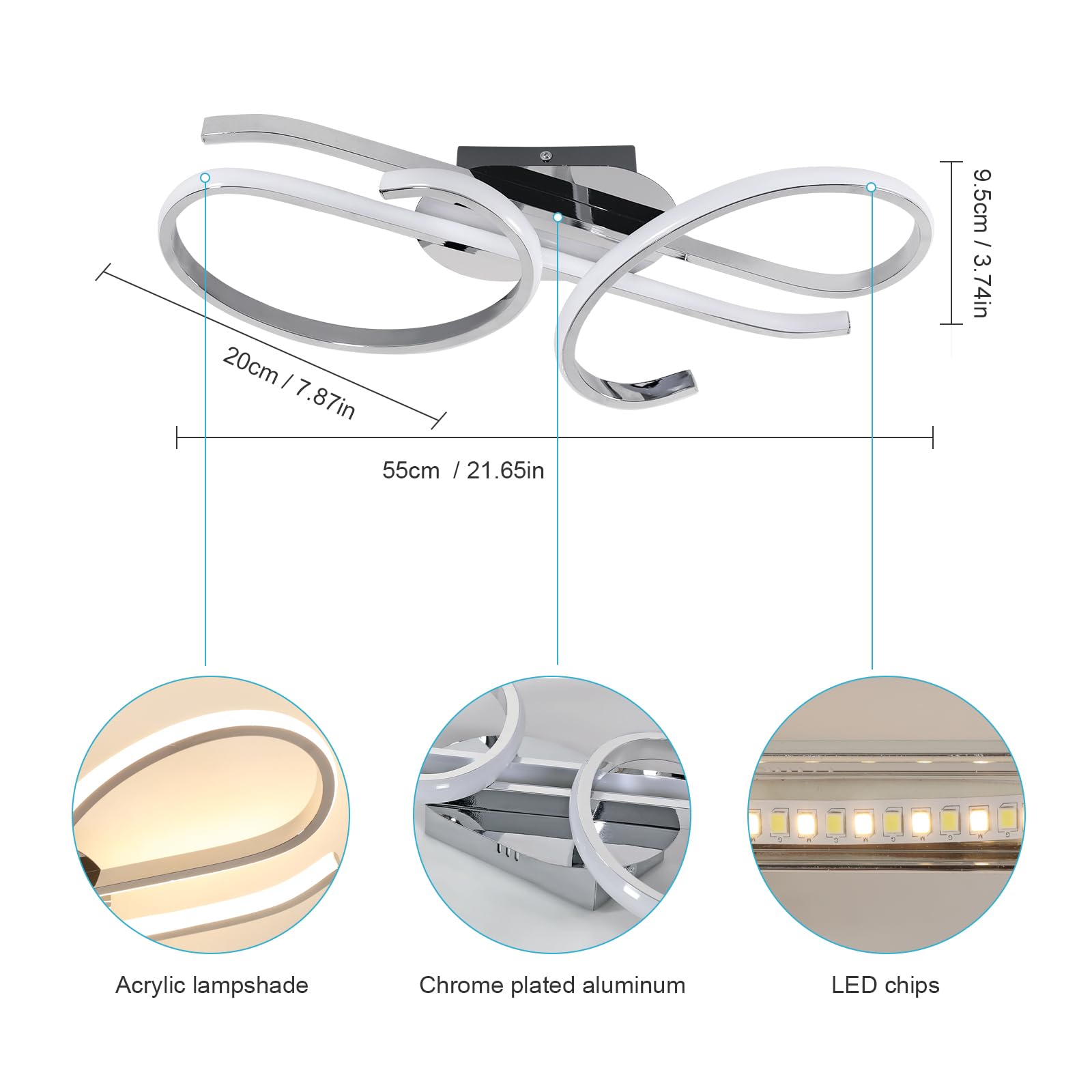 DELIPOP Plafoniera LED Soffitto Dimmerabile, 30W Lampadario Soffitto Moderno con Telecomando 3000K-6500K, Cromato Plafoniera Design Curvo Musicale per Camera da Letto, Soggiorno, Ingresso & Hotel
