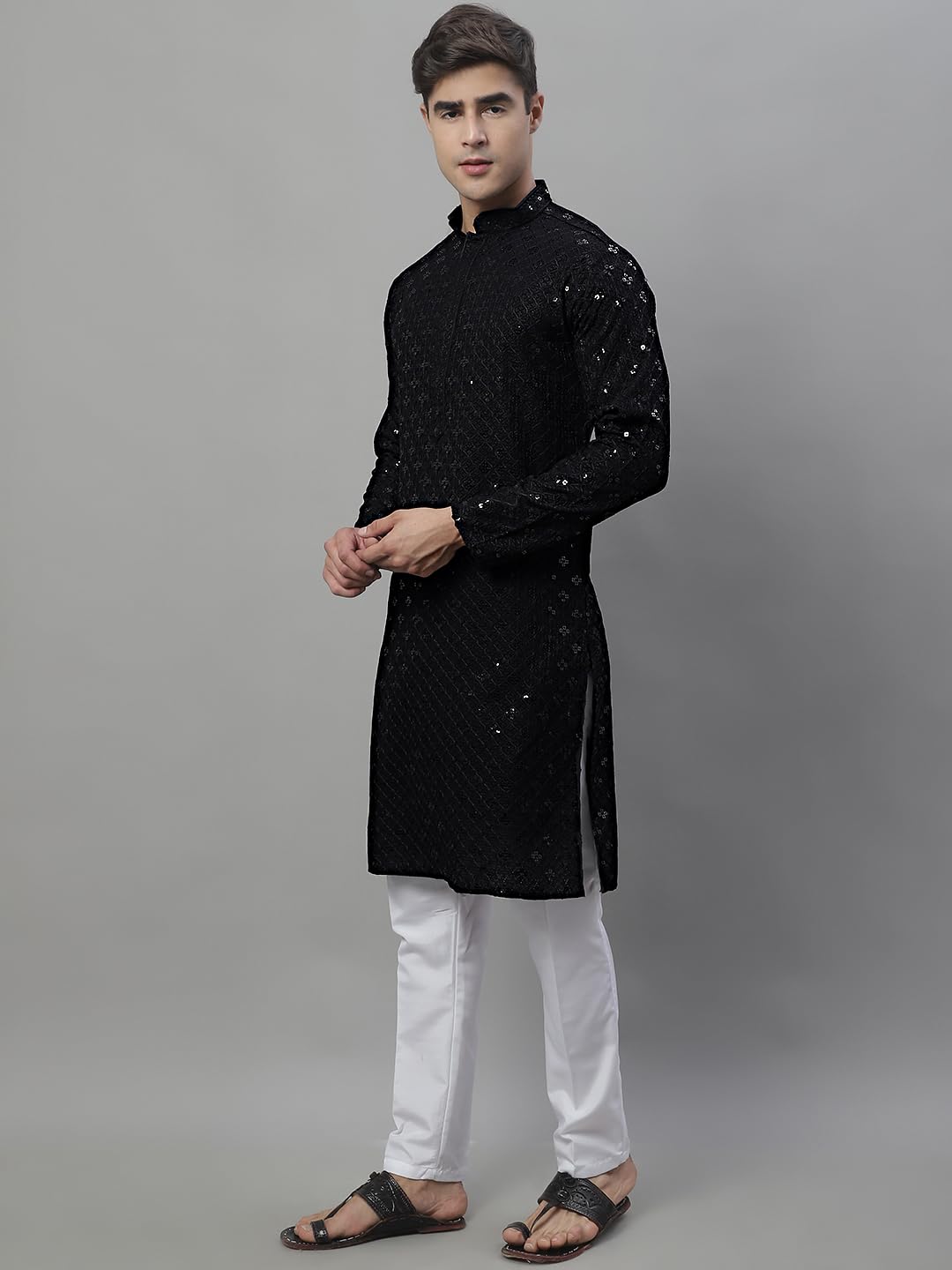 Jompers Men's Chikankari Embroidered And Sequence Kurta With Pyjama (Black, Xl)