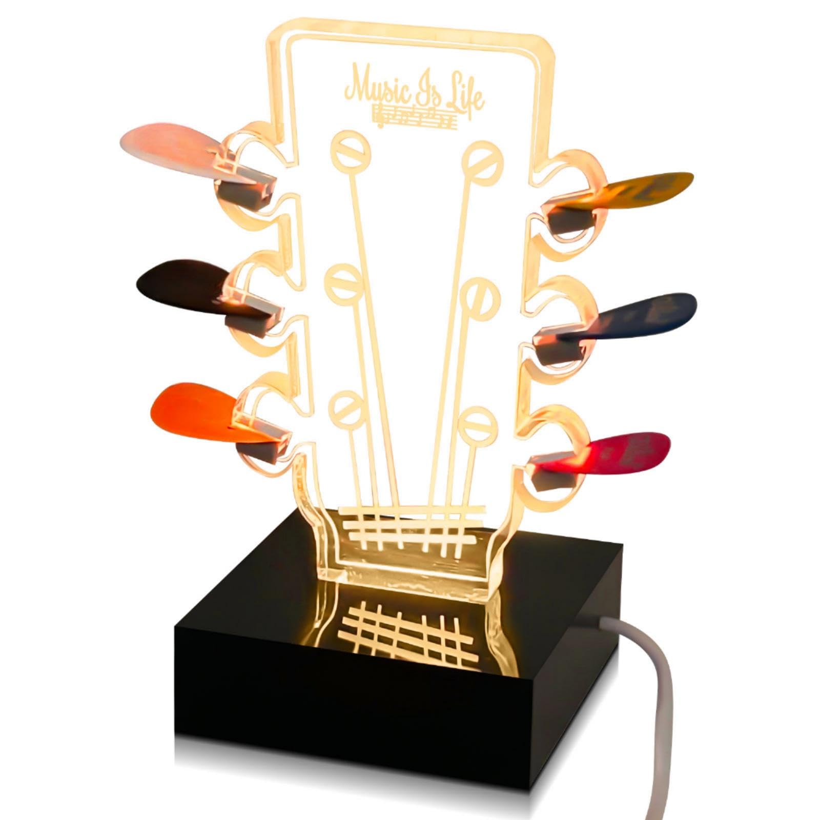 Wonderjune Light up Guitar Pick Holder 3 Color Changing LED Pick Storage Display Acrylic Guitar Headstock Shaped Holder with Base for Christmas Guitarists Musicians Music Players Lovers Gift