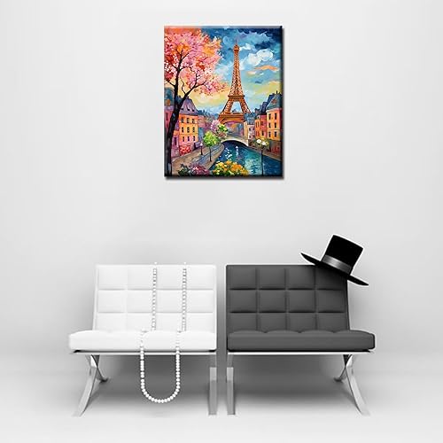 Miniatura 2 de Pintura al óleo de la Torre Eiffel por números, flor de cerezo en flores, kit de pintura digital acrílica para niños y adultos, principiantes,