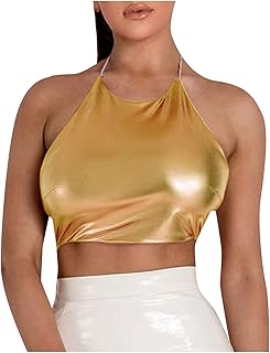 Generic Camisola de tirantes para colgar en el cuello, sexy, de color sólido, para mujer, para verano, amarillo, L