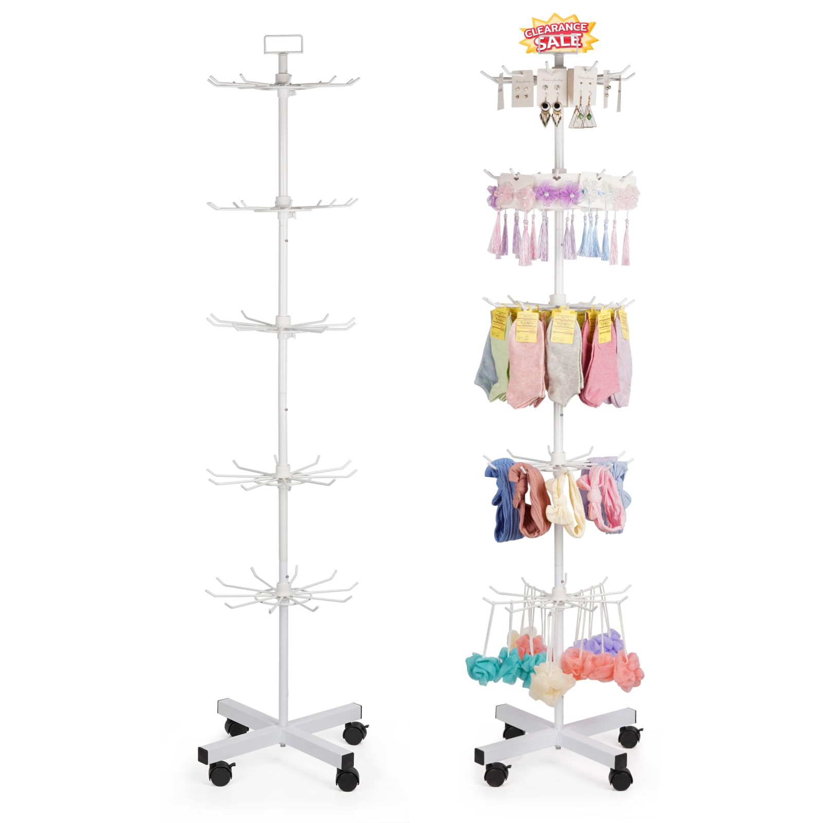 Photo 1 of Exttlliy 5-Tier Metal Spinning Display Stand Rack with Wheels, Keychain Jewelry Stocking Hat Display Stand, White