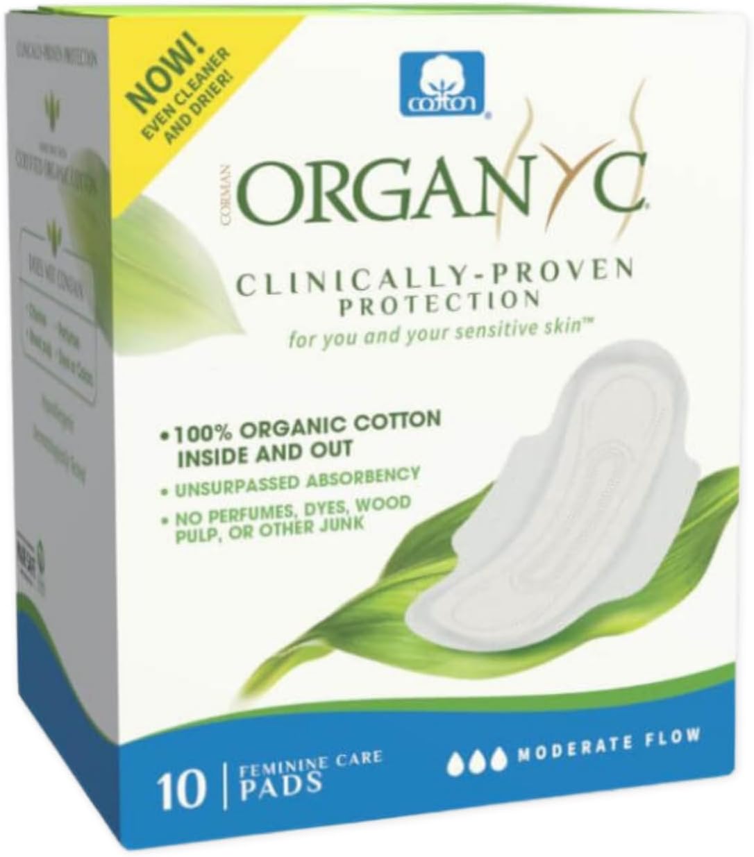 Organyc Organic Cotton Feminine Care Pads Moderate Flow โ 100% Certified Pads for Women, Clinically-Proven Protection, No Perfumes or Dyes, Soft Breathable Hygiene, 10 Counts