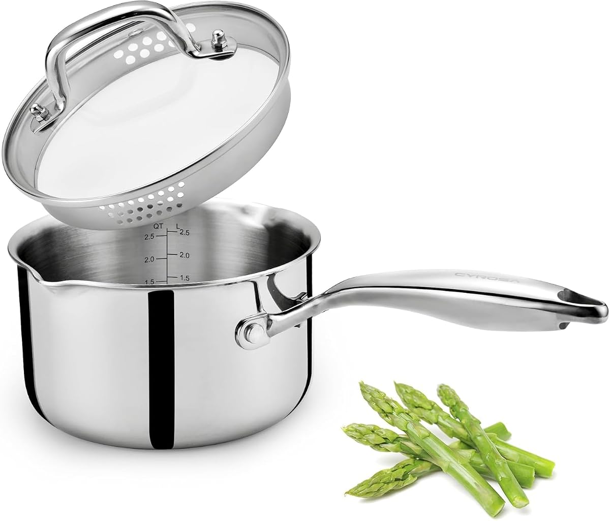 3.5 Quart Saucepan with Lid, Stainless Steel Sauce Pot with Strainer Lid, Two Side Spouts for Easy Pour with Ergonomic Handle, Dishwasher Safe