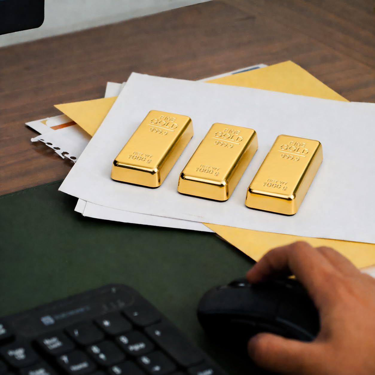 ZAHEPA Realistic Metal Gold Bar Paperweight for Office Table, Fake Gold Biscuit Paper Weight Table Decoration, Prop for Jewellery Shop & Heist Theme, Unique Gift for Home & Office (Pack of 3) 1