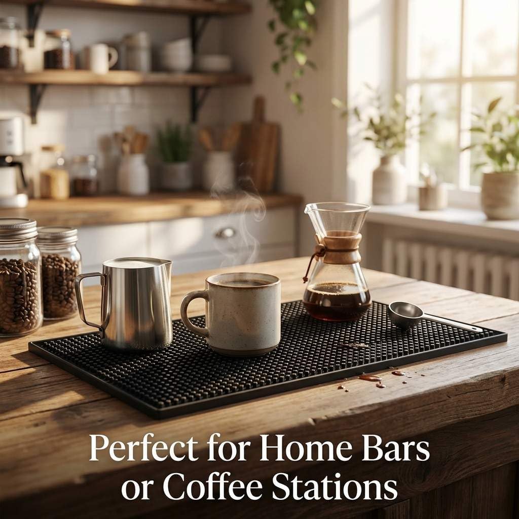 QWORK 12"x6" Black Rubber Bar Mat – 6 Pack Non-Slip Drainage Pad for Coffee Stations, Home Bars & Kitchens