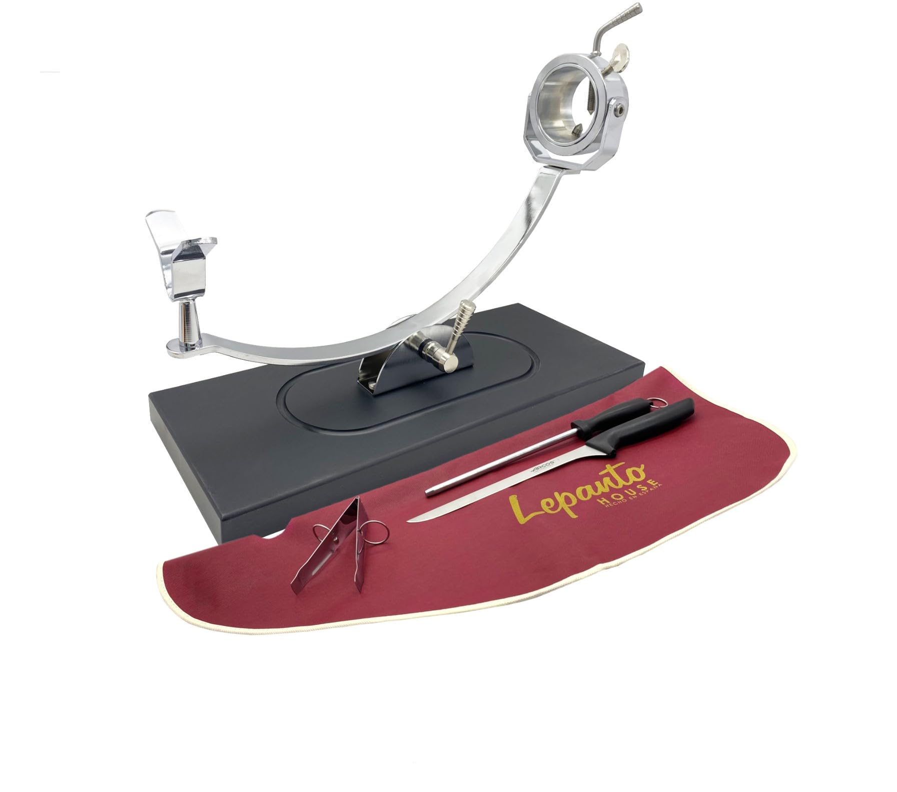 FERRETERIA LEPANTO Jamonero Profesional Giratorio y basculante, Soporte jamonero con Base de Fibra Negra Modelo Serrano (Set Arcos Burdeos)