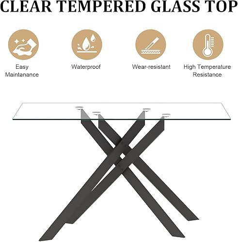 Miniatura 30 de Mesa de comedor de cristal de 51 pulgadas para 4, mesa de comedor rectangular contemporánea con parte superior de vidrio templado y patas de acero
