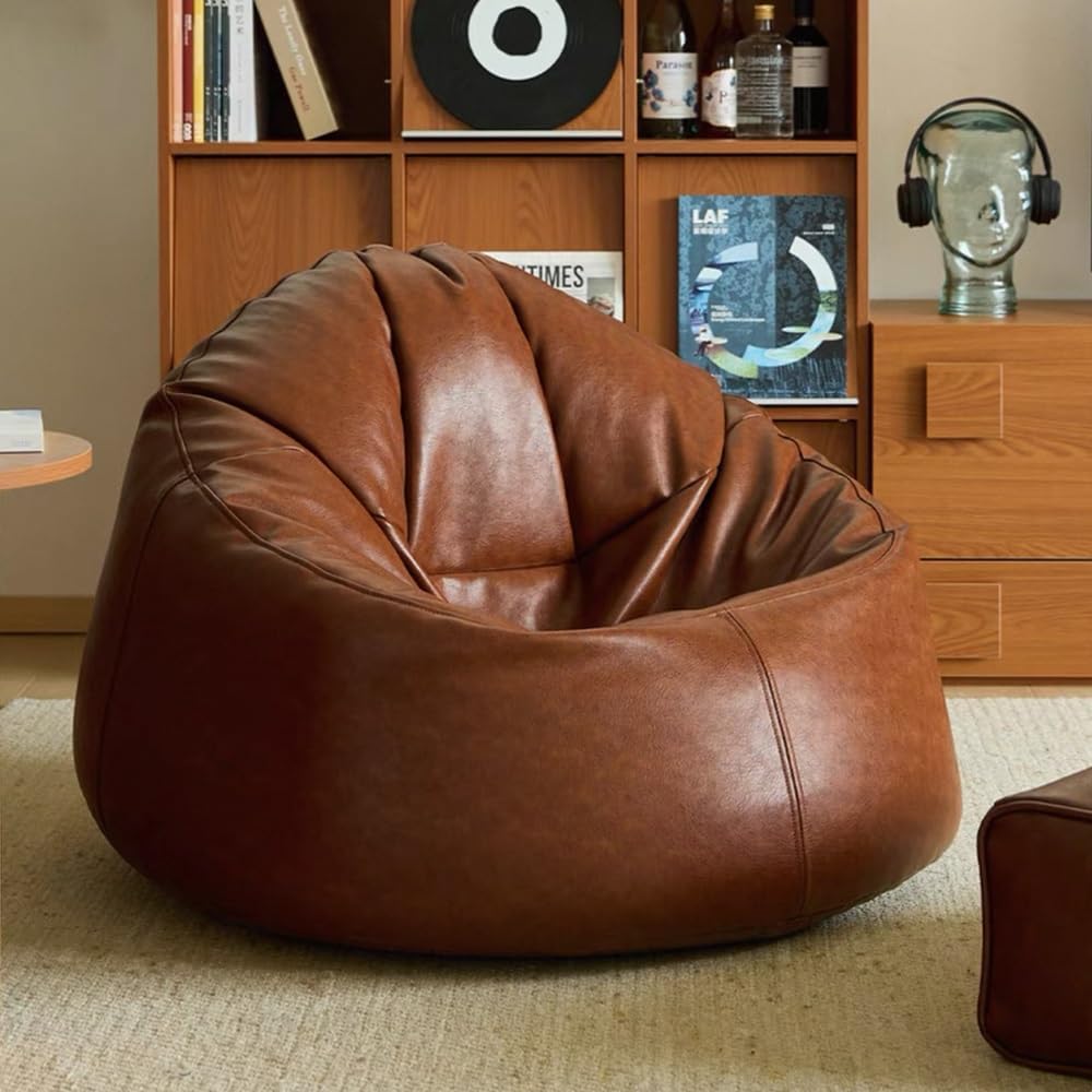 Bean Bag Chairs Cover(No Filler)PU Faux Leather Bean Bag Cover Luxury Single Lazy Sofa Cover BeanBag Pouf Chair Lazy Armchair Couch Floor Seating Living Room Furniture(Martin middle-aged brown)