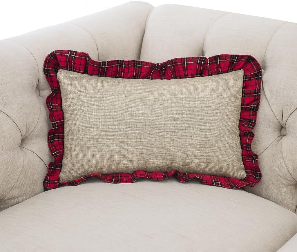 Fennco Styles Holiday Deer Tartan Plaid Ruffle Border Christmas Decorative Throw Pillow (12"x20" Ruffle Flange, Case+Insert)