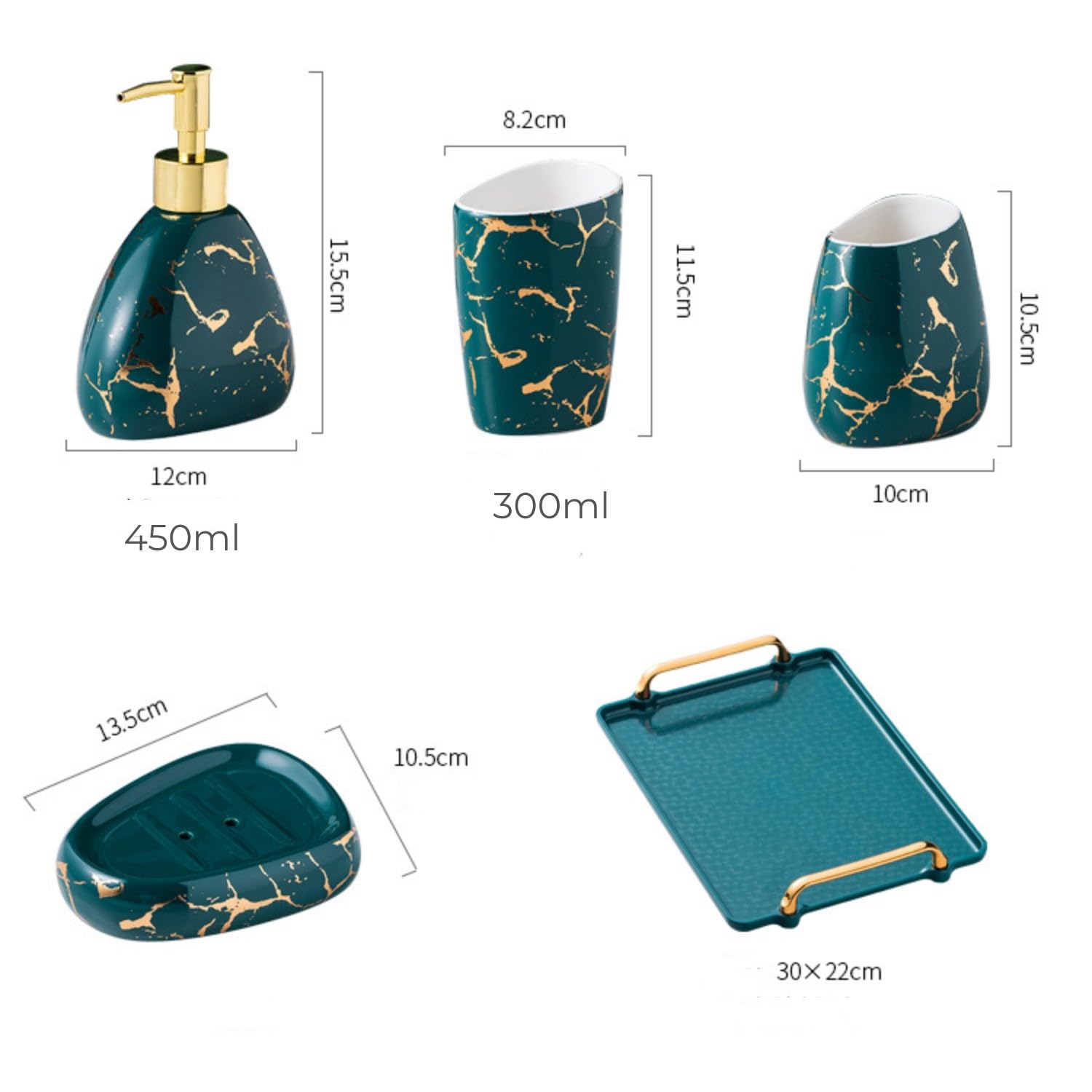 Set di 5 accessori da bagno con vassoio in plastica, tra cui dispenser per sapone da 450 ml, portaspazzolino, bicchiere, portasapone e vassoio con manico, in ceramica, grigio e oro (grigio)