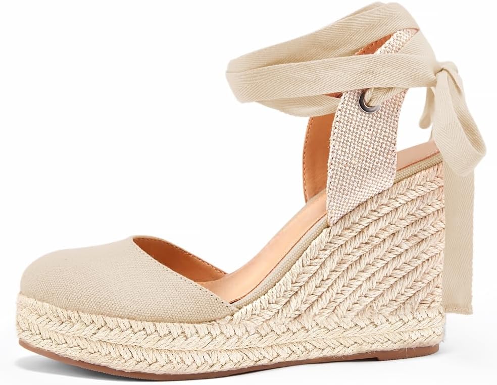 Ermonn Womens Espadrilles Wedge Sandals Platform Closed Toe Ankle Strap Lace Up Summer Shoes - Image 5