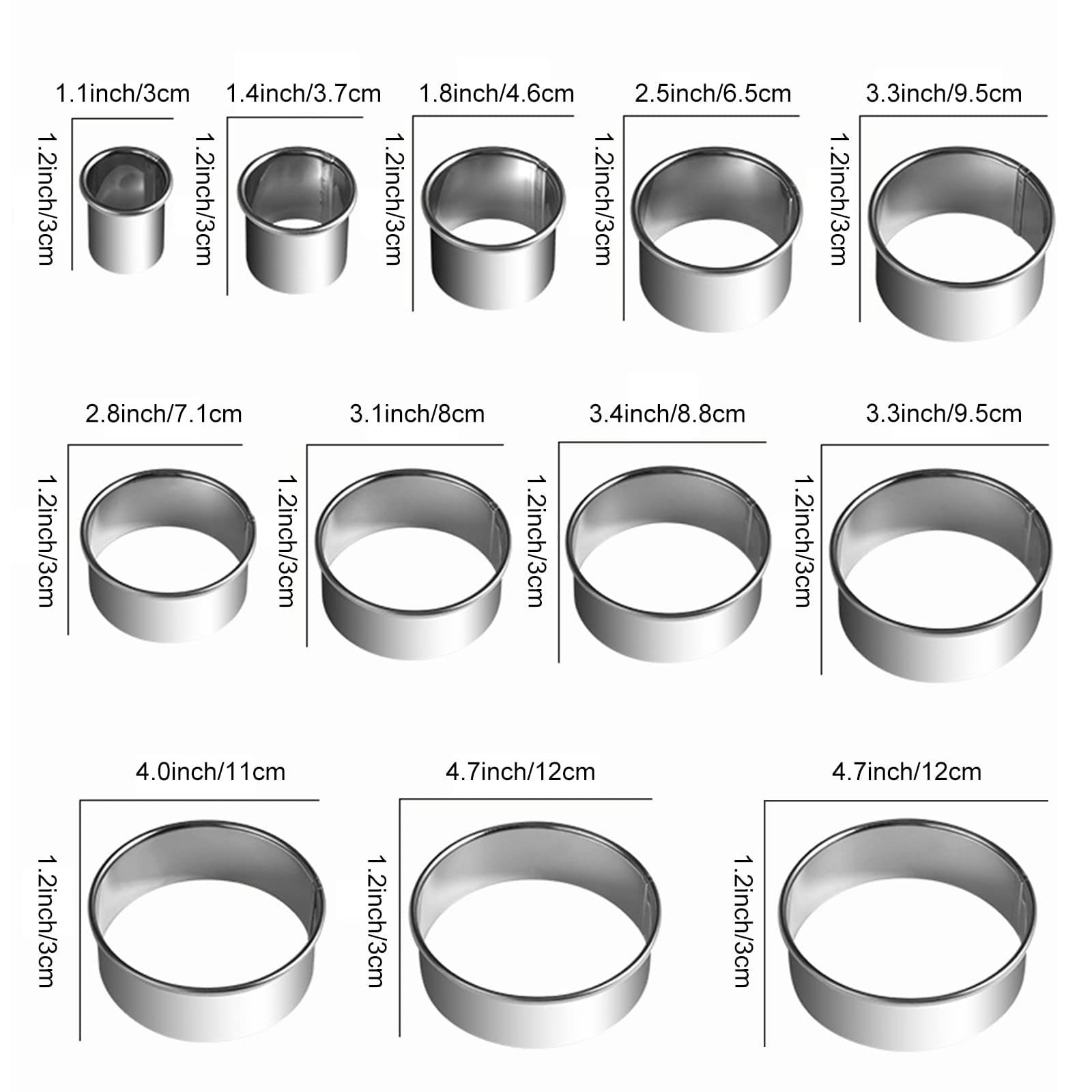 12 Emporte-Pièces Ronds En Inox - Tailles 2,4 à 11,2 Cm - Pour Biscuits, Pâtisseries, Pizza…