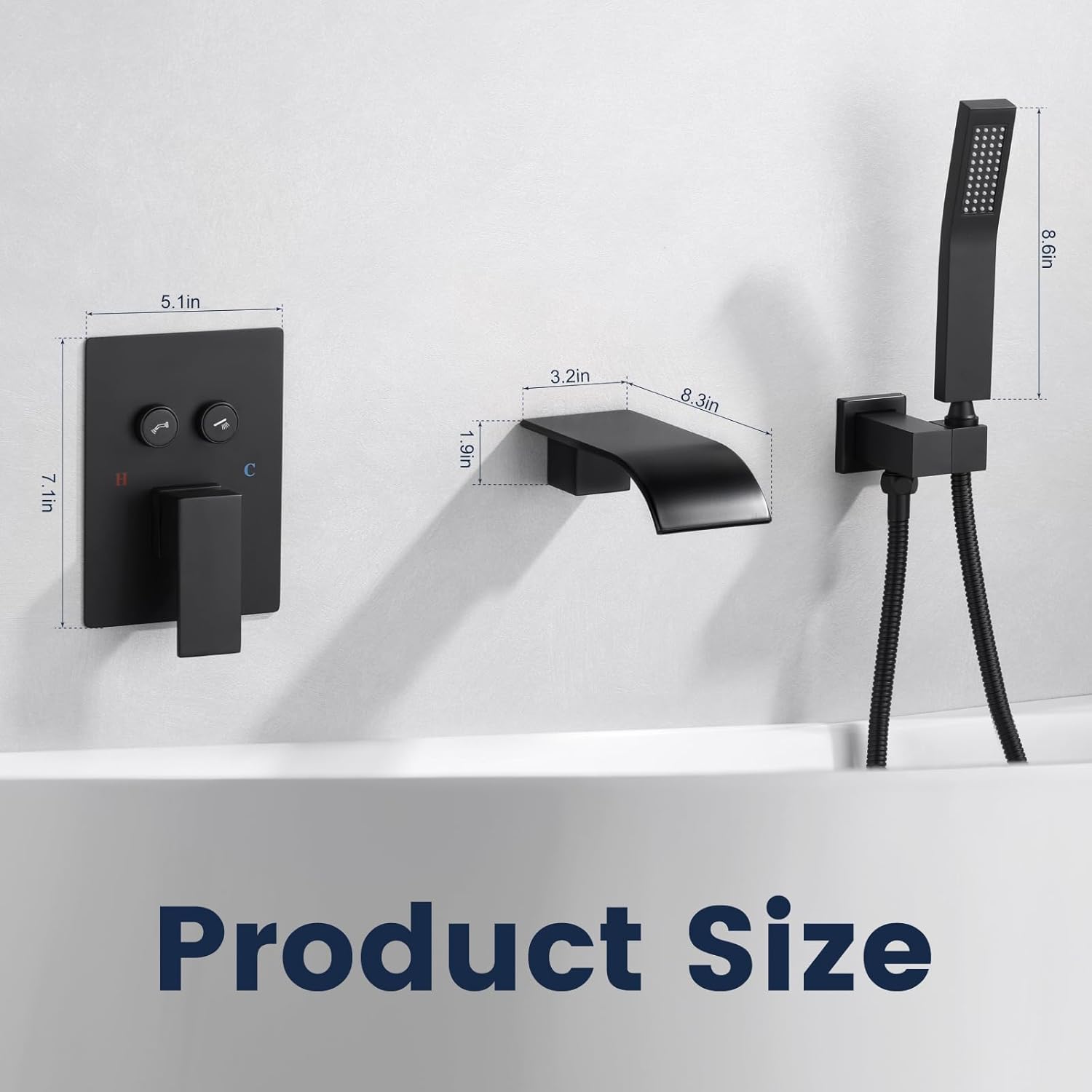 Wall Mount Waterfall Tub Faucet with Hand Shower,Roman Bathtub Tub Filler shower faucet set with Run all/alone Control Push-Button Diverter Solid Brass Pressure Balance Valve,Matte Black