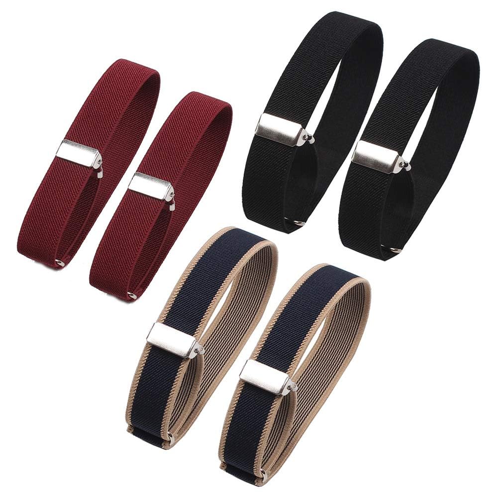 3 Pairs Elastic Sleeve Garters - Adjustable Anti-Slip Shirt Sleeve Holders, Unisex Armbands for Work & (Black, Wine-Red, Blue with Beige Edge) - Fits Arm Circumference 8.67"-19.68"