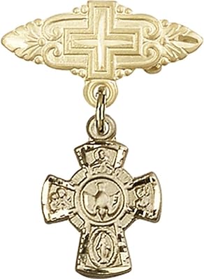 14kt Yellow Gold Baby Badge with 5-Way Charm and Badge Pin with Cross 1 X 3/4 inches