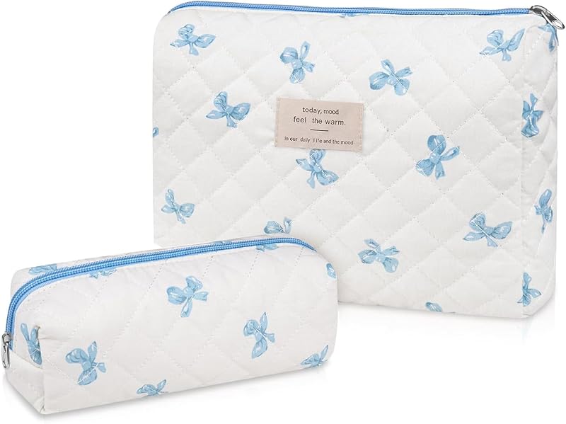 Gosect Conjunto com 2 Necessaires de Maquiagem de Algodão com Zíper, Estampa Floral White Blue Butterfly Flower