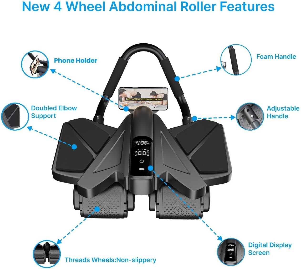 Bauchmuskel-Roller für Zuhause – 4 Räder Bauchmuskelroller mit LCD-Bildschirm, 5 Widerstandsbänder, Knöchelriemen, Türanker, Griffe, Reisetasche, bequeme Ellenbogenstütze mit rutschfesten Griffen