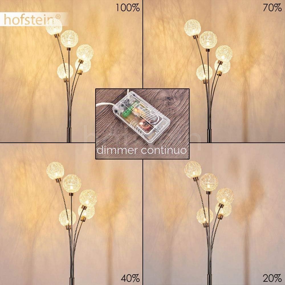Lampada da terra Bernado dimmerabile all'infinito in nichel opaco/argento, G9, 5 globi metallici, lampada ad arco, soggiorno/camera da letto/corridoio, interruttore a pedale sul cavo, senza lampadine