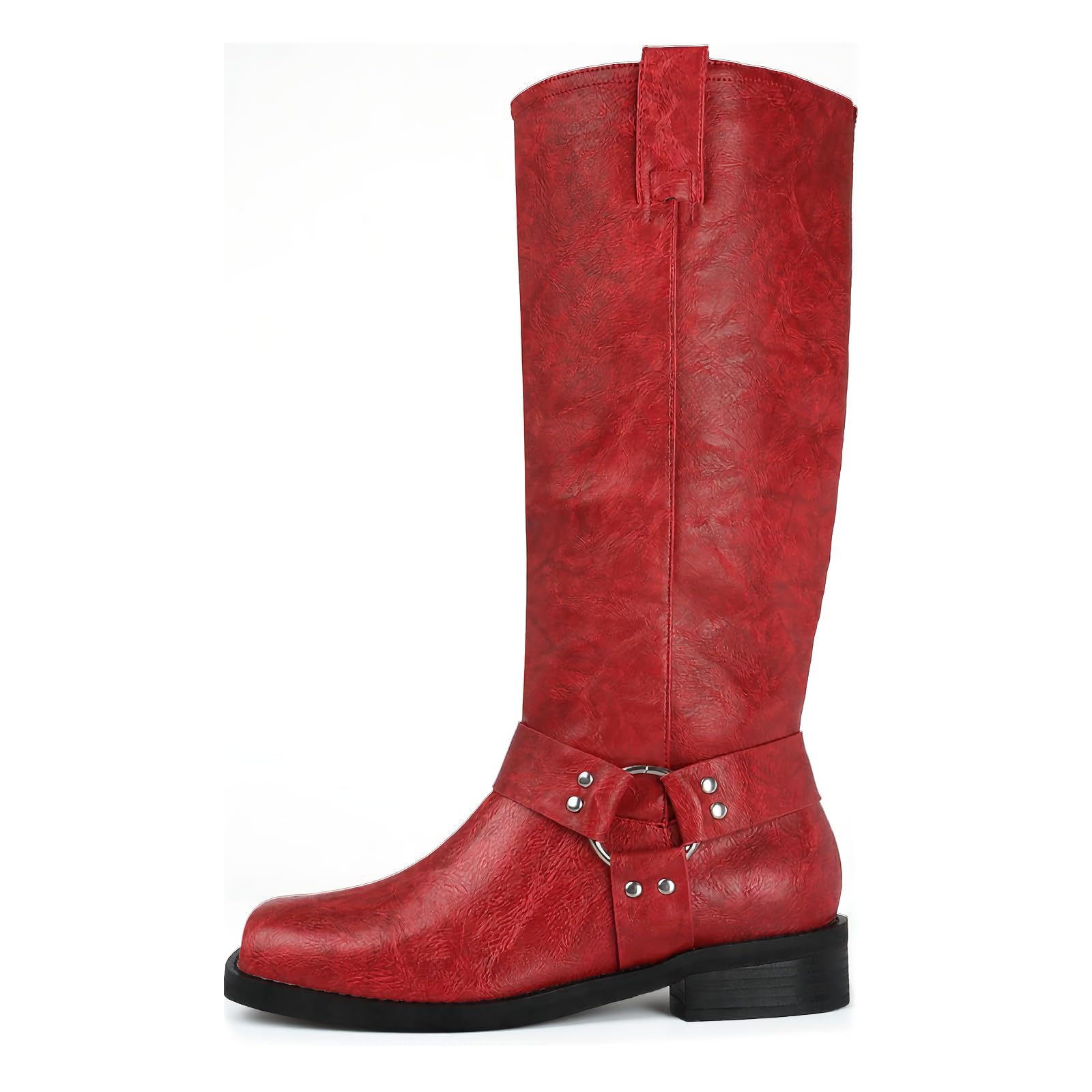 FIFSY Knee High Boots for Women Chunky Heel Buckle Boots Square Toe Pull On Motorcycle Biker Riding Boots Low Heel Tall Booties