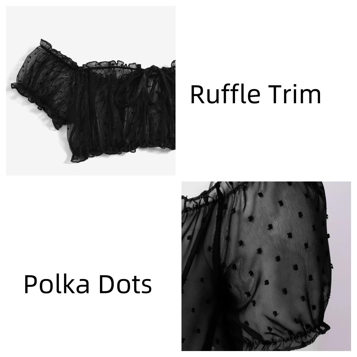 WBDWWTD Damskie seksowne biustonosze i majtki w kropki komplety bielizny Babydoll Strappy przezroczyste wykończone frędzlami bielizna z uroczą kokardką G String