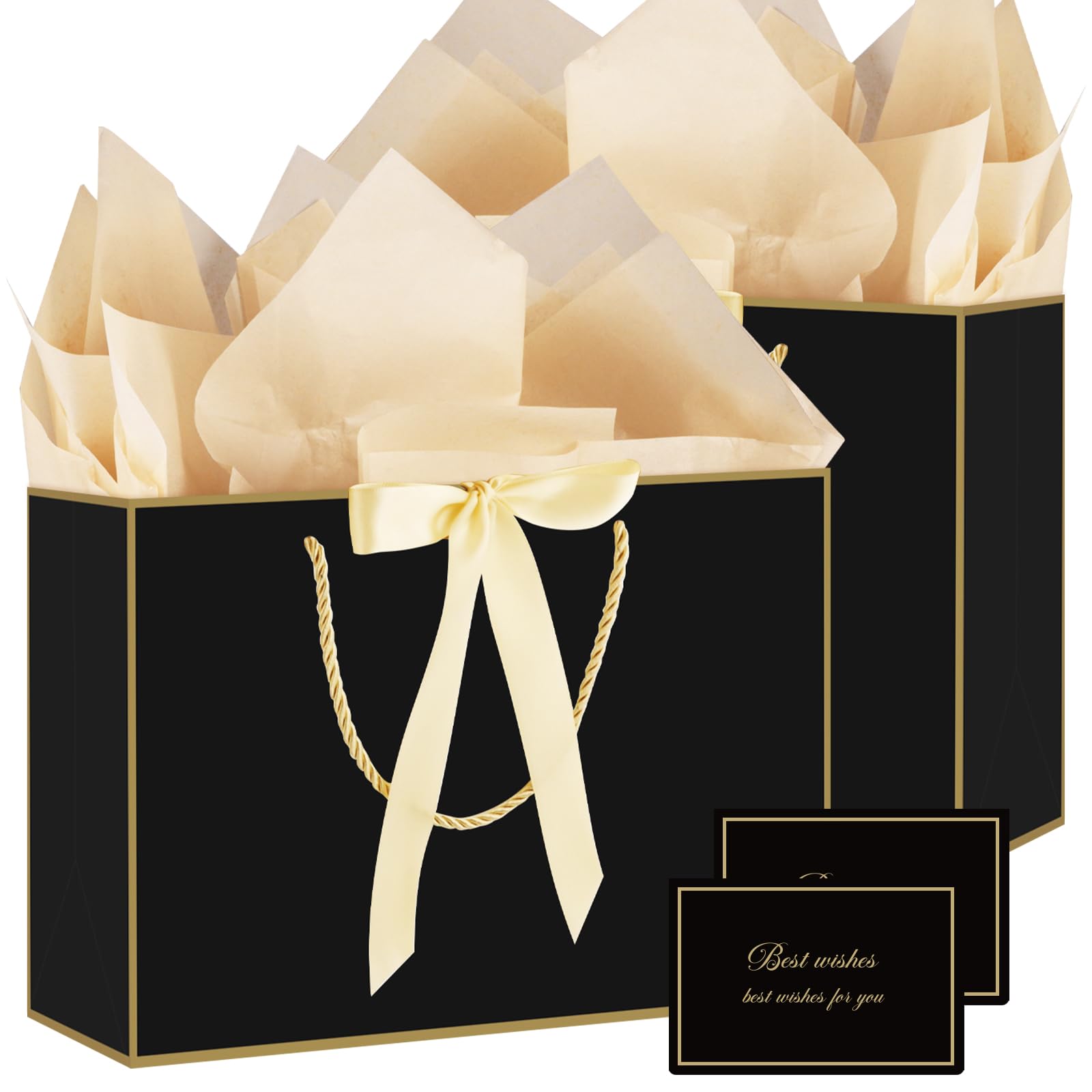 Mypartyco Gift Bags for Presents,2 Pack Birthday Gift Bag Balck Paper Bags with 6 Tissue Paper, 2 Ribbon and 2 Cards for Women, Girls, Weddings, Showers Party Shopping (Black Gold)
