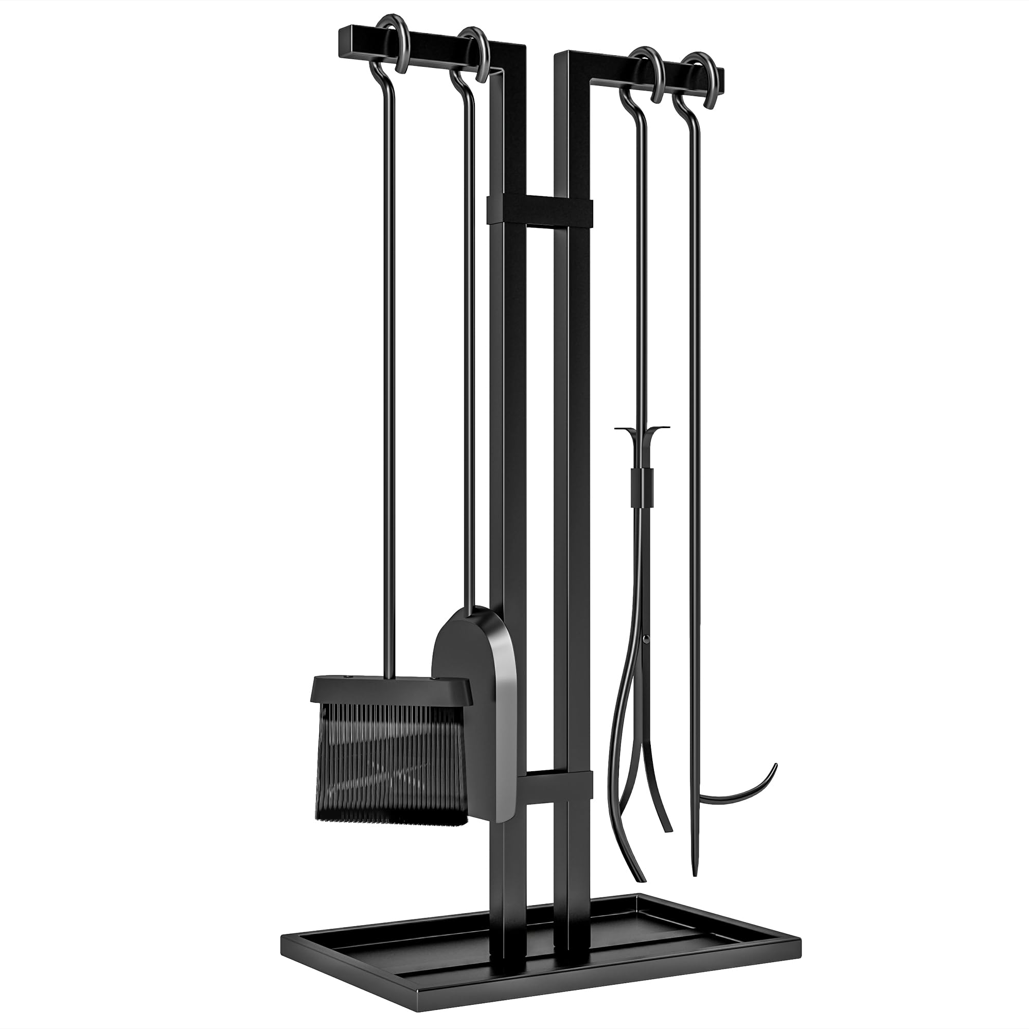 Outsunny Ensemble serviteur de cheminée 5 pièces, ensemble d'outils de cheminée, en métal, accessoires de cheminée, avec balai, pelle, pince, tisonnier et support, noir