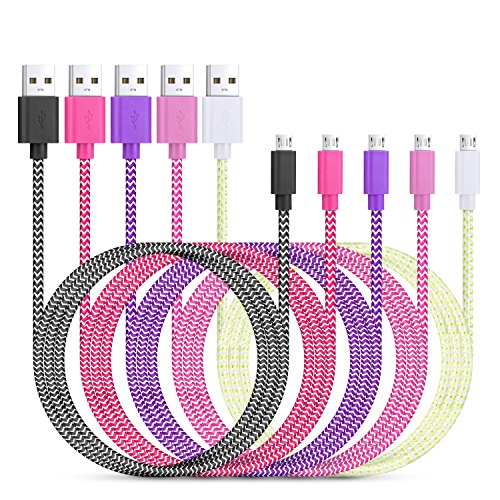 Micro USB Cable, Eversame [5-Pack] 6.6Ft 2M Nylon Braided Tangle-Free Data Sync Charger Cord Compatible Compatible for Galaxy S6 Edge Plus/Tab A, HTC One M9 (Black White Pink Purple Hot Pink)