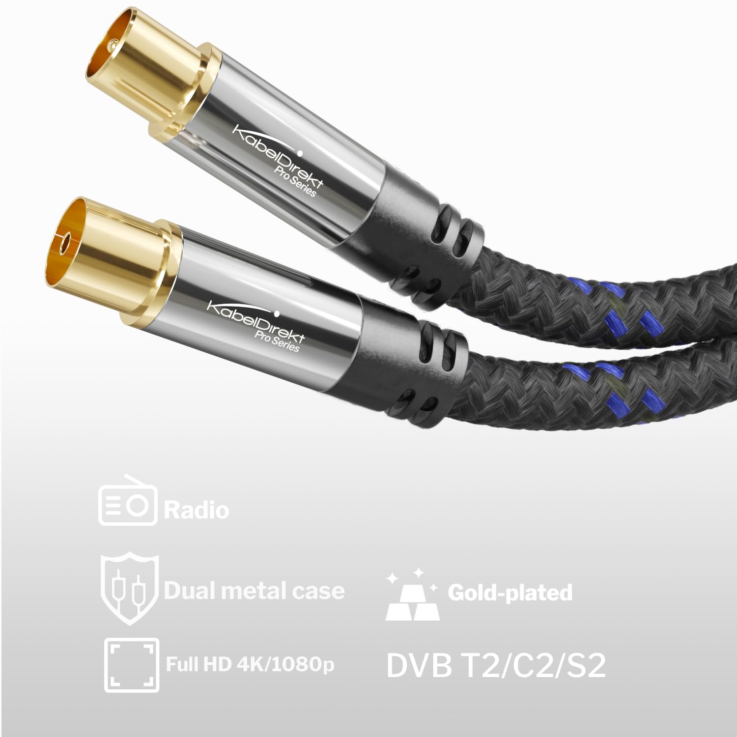 KabelDirekt – Cavo antenna TV 4K, cavo coassiale – 1 m – con connettore in metallo infrangibile per la TV digitale e analogica – intrecciato (intrecciato, connettore antenna su presa)
