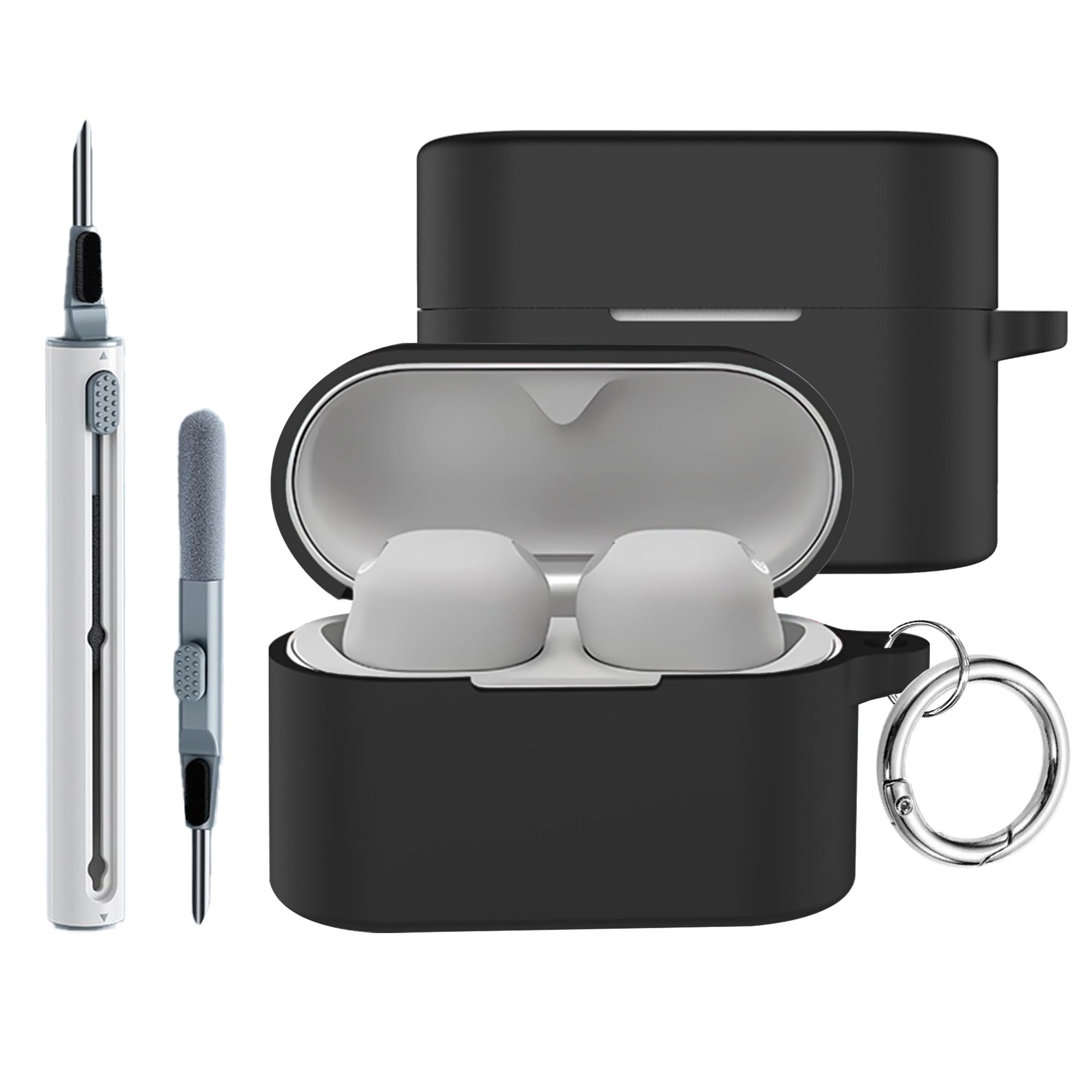 Compatible with Sony WF-1000XM6 Case Cover,Shock-Proof,Premium Silicone with Silver Ring Buckle Cleaning Accessories-Black-image-29