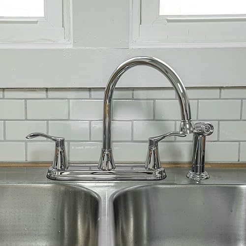 Miniatura 5 de EZ-FLO Grifo de cocina, grifo de fregadero de cocina de arco alto con 2 asas y rociador lateral extraíble, instalación de un solo agujero, níquel