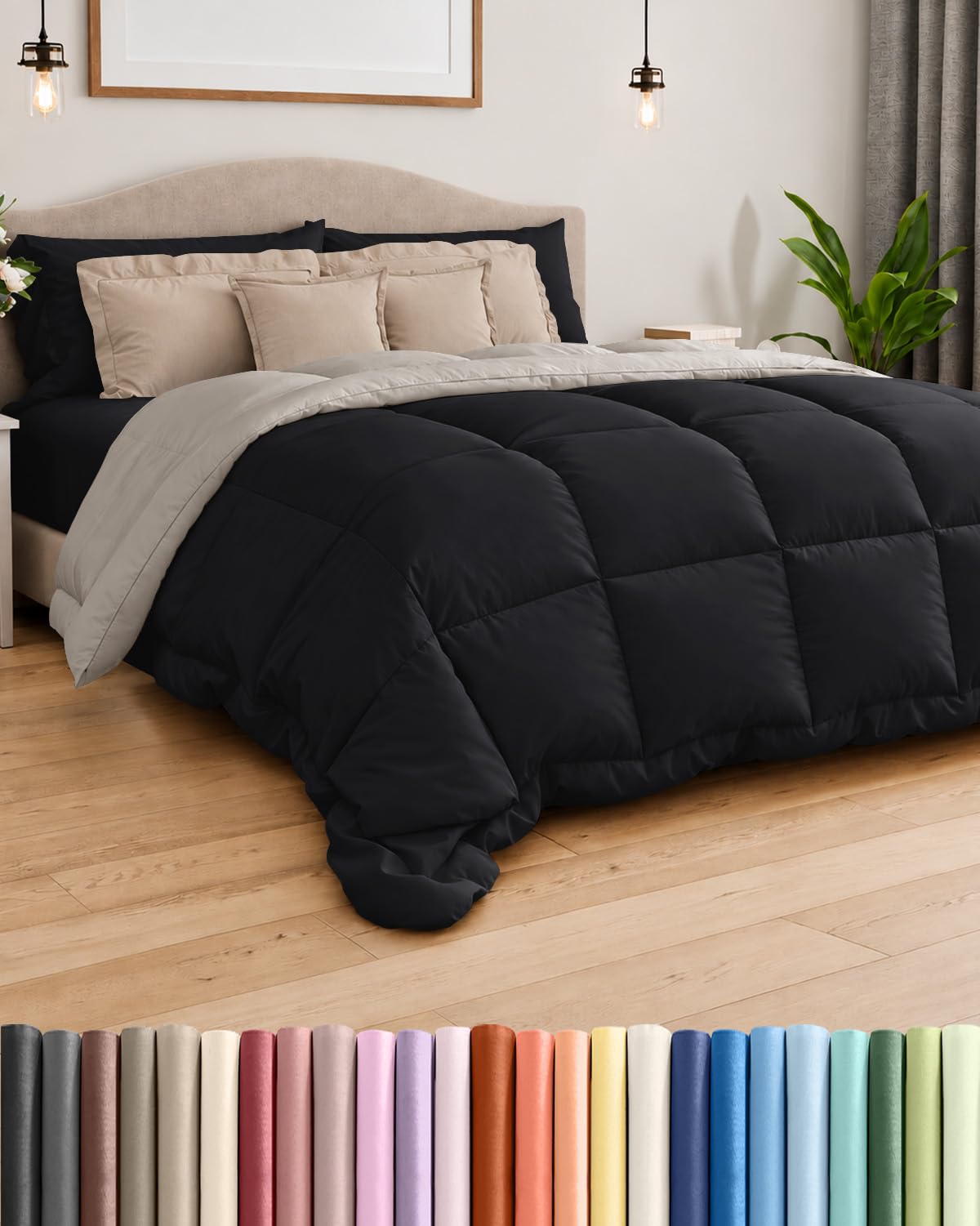 Comforter Twin Size - Reversible Comforter - Black &amp; Light Grey, 68" x 88"