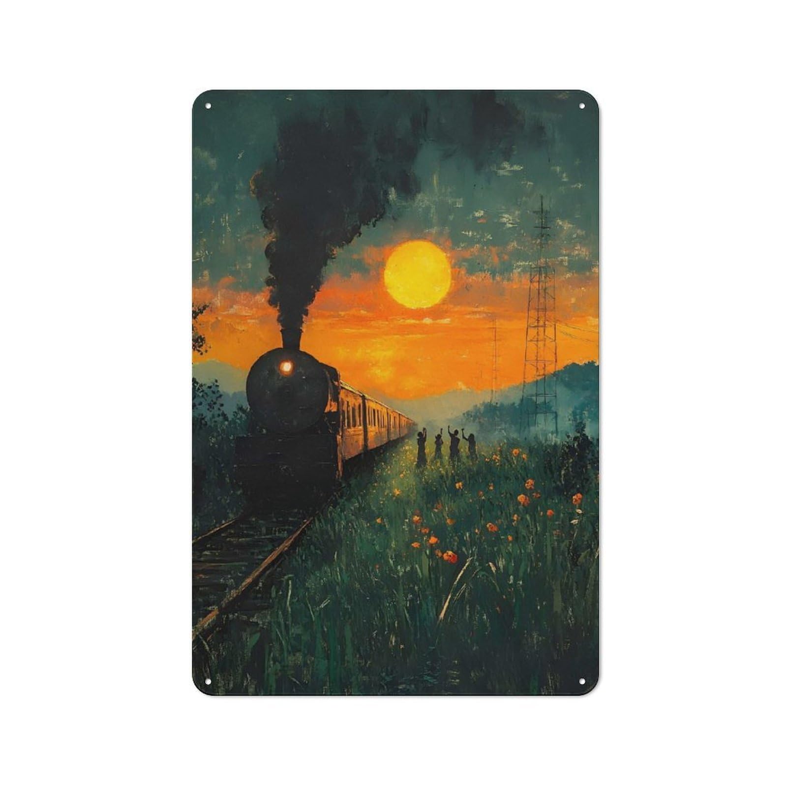 Garage Style Train at Sunset with People Waving Decorative Metal Plaque 30x20cm, Garage Wall Decor for Workshop, Basement, Shed Or Games Room