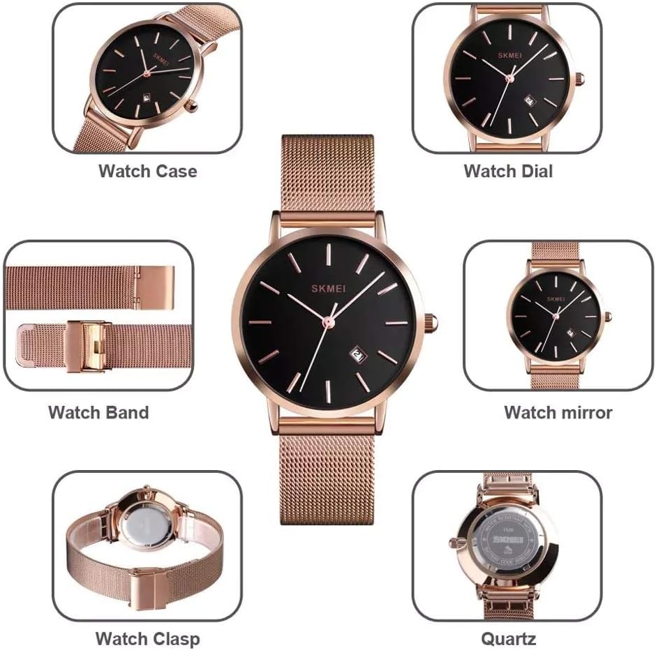 MASTOP Men Women Watch Minimalist Analog Quartz Rose Gold with Silver Stainless Steel Mesh Band Ultra Thin Watch