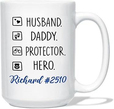 Personalized Name Husband Daddy Protector Hero Coffee Mug Cup Gift For Policeman Bday, Customized Daddy Coffee Cup 11 Oz 15 Oz, Daddy Police White Ceramic Mug, Police Officer Travel Mug For Dad Daddy