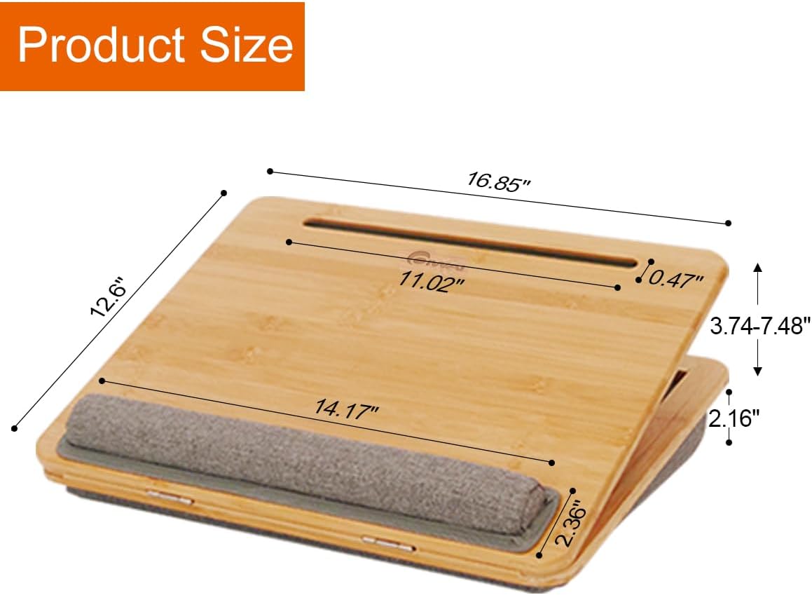 Adjustable Bamboo Lap Desk with Cushion - 5 Tilting Angles Ergonomic Laptop Bed Tray for Computers 15 inches or Less, Phone & Tablet Holder Slot, Dual Bolster for Comfort on Couch, Bed, Sofa & Car