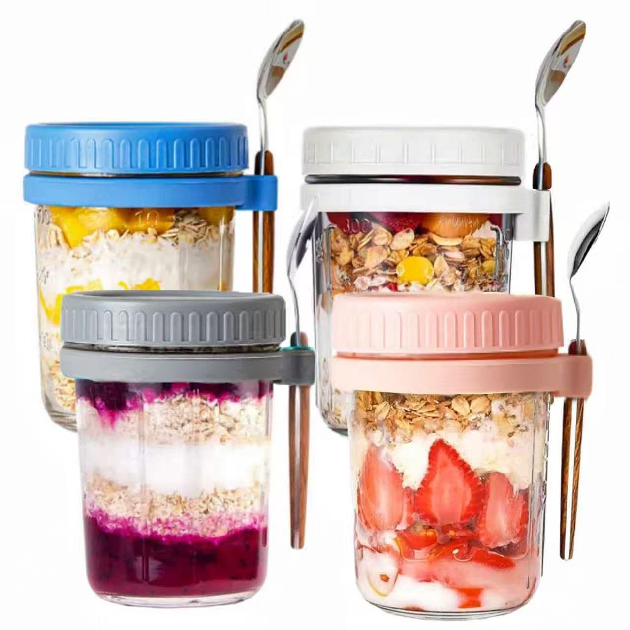 BSLVV 4 Pack Reusable Overnight Oats Jars, 350ml Food Storage Containers with Lids and Spoons for Cereals, Milk, Yogurt, Fruit, Salad