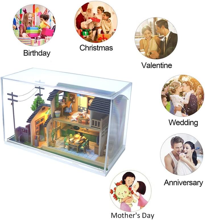 Miniatura 7 de Casa de muñecas de estilo japonés, kit de casa en miniatura con cubierta antipolvo, muebles de casa de muñecas en miniatura de madera 3D, escala