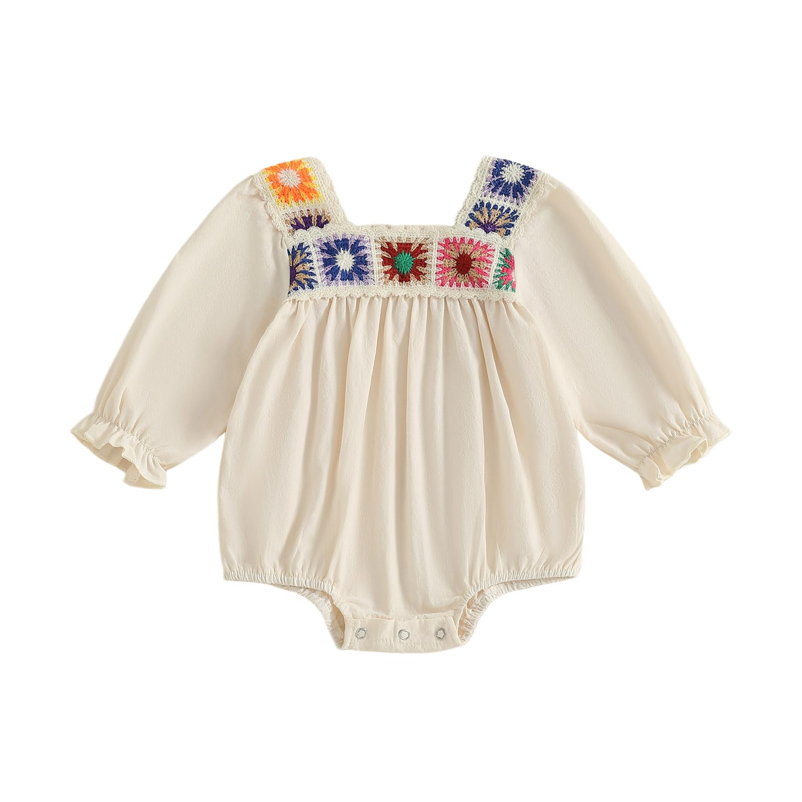 Gaono Newborn Baby Girl Smocked Bubble Romper Cute Boho Summer Clothes Ruffle Sleeveless Crochet Flower Vintage Bodysuit
