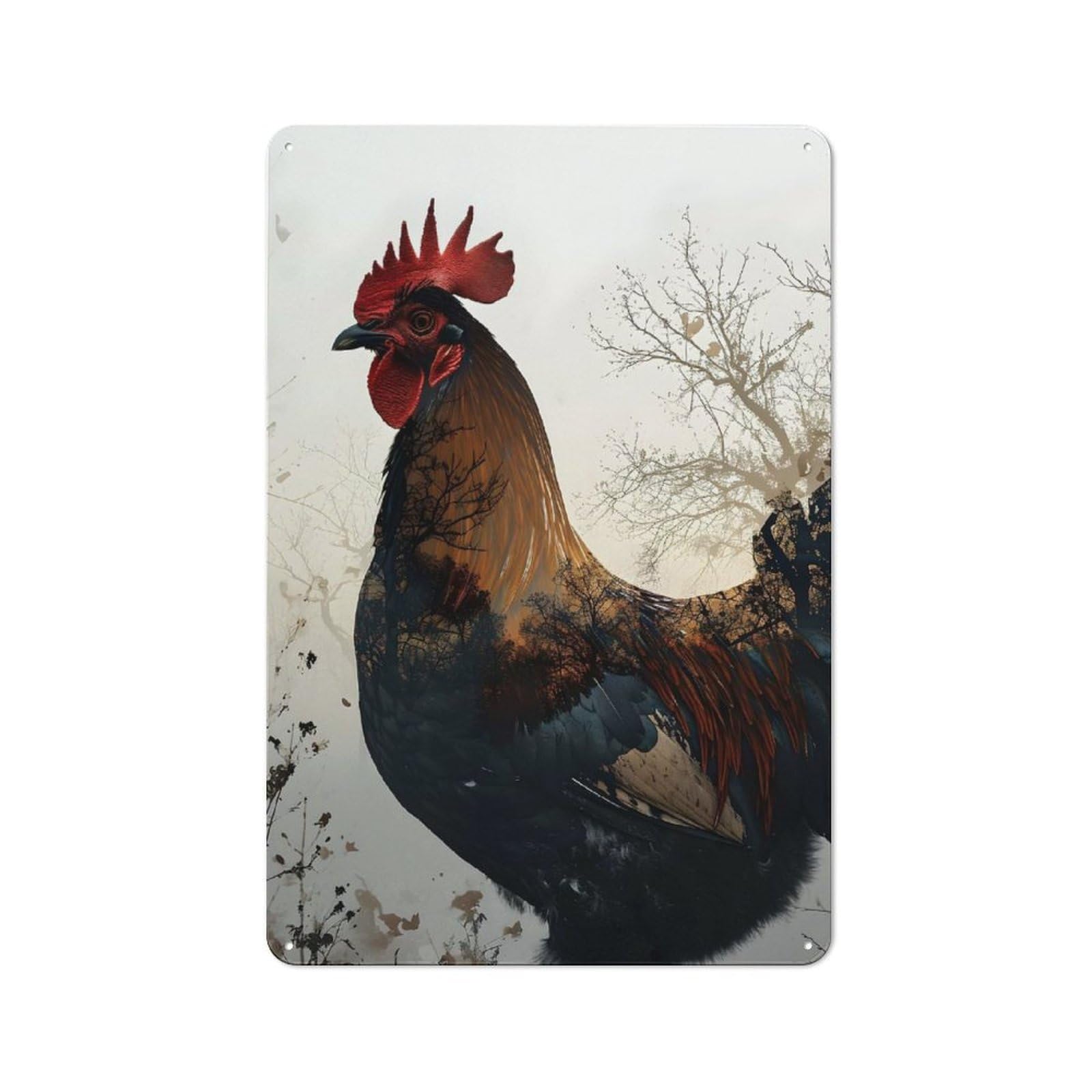 Junmoney Rooster Double Exposure Tin Wall Plaque 30X20cm With For Hallway Wall, With Clear Retro Wall Decor Character