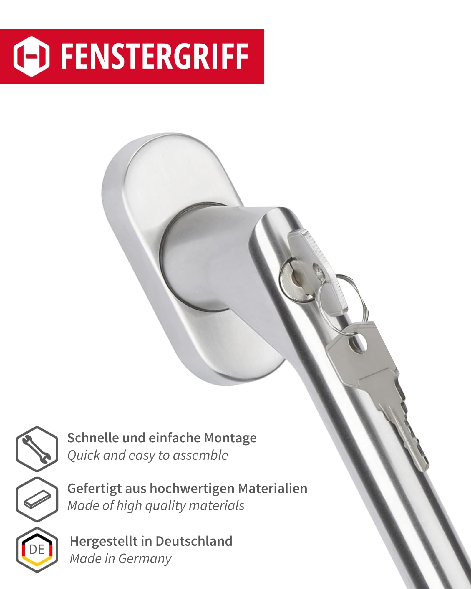 Gedotec uchwyt okienny ze stali nierdzewnej, zamykany oliwkowy w kształcie litery L | z blokadą wychylną z cylindrem zamykającym | stal szlachetna matowa szczotkowana | 1 sztuka - stylowe okucie okienne srebrne z rastrowaniem
